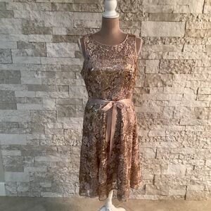 Alex Evenings Jewel Embroidered Tea-length Dress in a rose gold color (NWT)